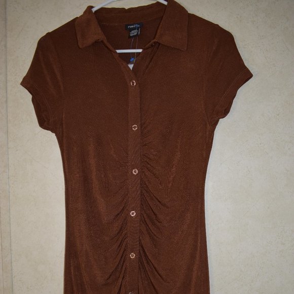 Rue 21 Brown Gathered Short sleeve Shirt Ruched Dress size - Picture 2 of 16